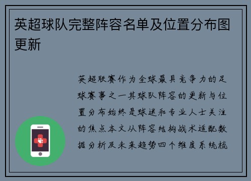 英超球队完整阵容名单及位置分布图更新